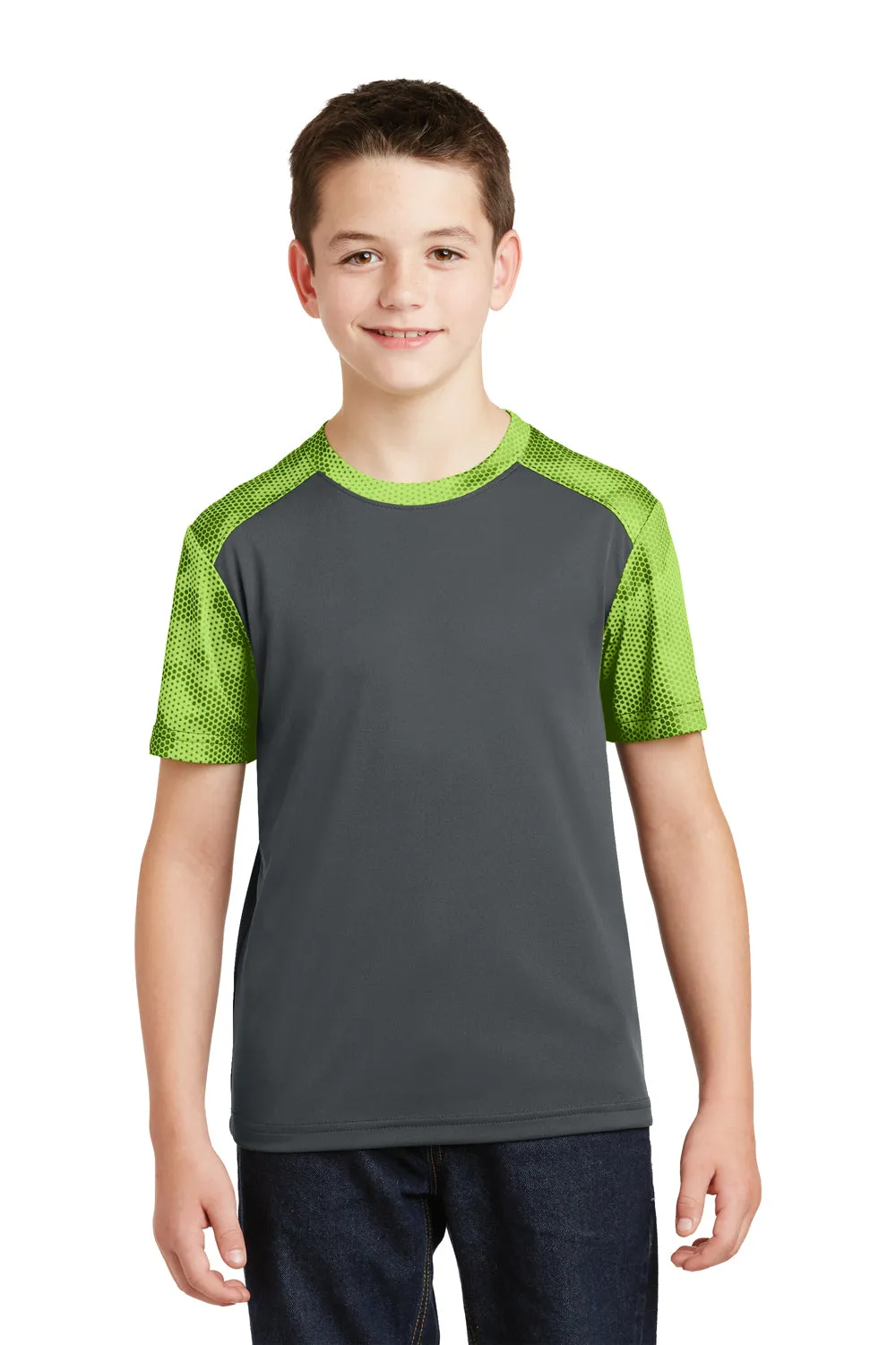 Sport-Tek Youth CamoHex Moisture Wicking Short Sleeve Crewneck T-Shirt - Iron Grey/Lime Shock Green - Closeout Clothing Sport-Tek