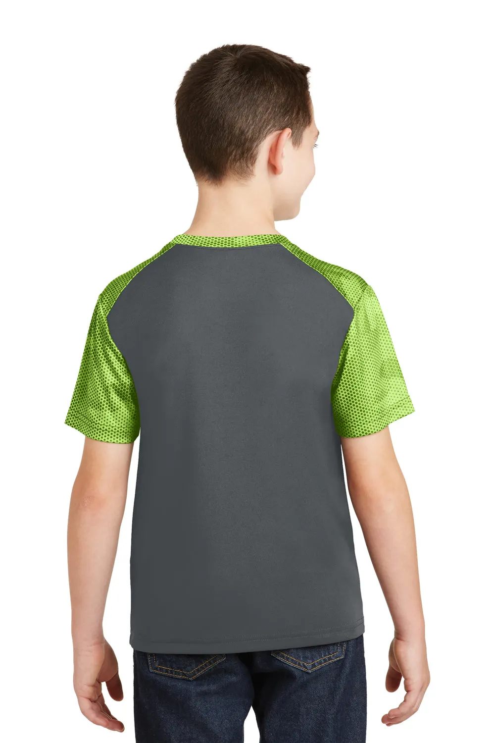 Sport-Tek Youth CamoHex Moisture Wicking Short Sleeve Crewneck T-Shirt - Iron Grey/Lime Shock Green - Closeout Clothing Sport-Tek