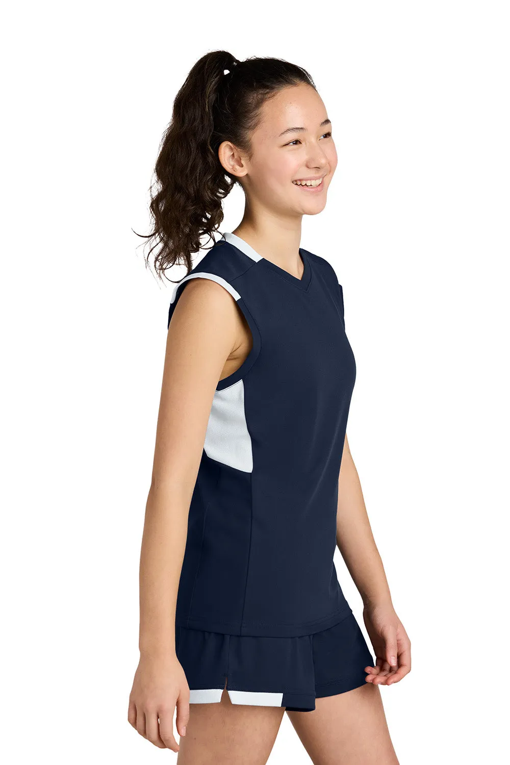 Sport-Tek Youth Club Moisture Wicking V-Neck Tank Top - True Navy Blue/White Clothing Sport-Tek