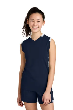 Sport-Tek Youth Club Moisture Wicking V-Neck Tank Top - True Navy Blue/White Clothing Sport-Tek