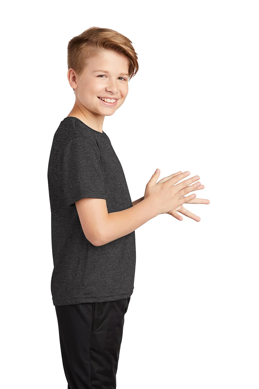 Sport-Tek Youth Contender Heather Moisture Wicking Short Sleeve Crewneck T-Shirt - Heather Graphite Grey Clothing Sport-Tek