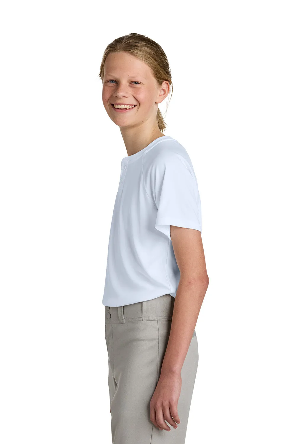 Sport-Tek Youth Moisture Wicking Competitor 2-Button Short Sleeve Henley - White Clothing Sport-Tek