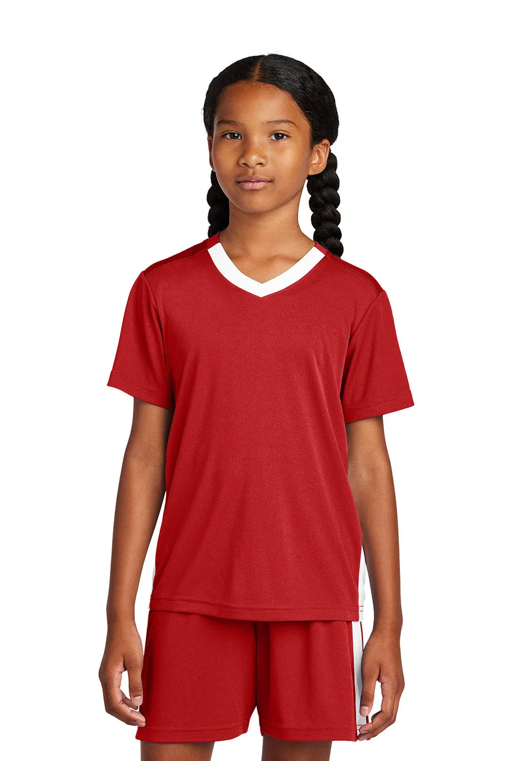 Sport-Tek Youth Moisture Wicking Competitor United Short Sleeve V-Neck T-Shirt - Deep Red/White Clothing Sport-Tek