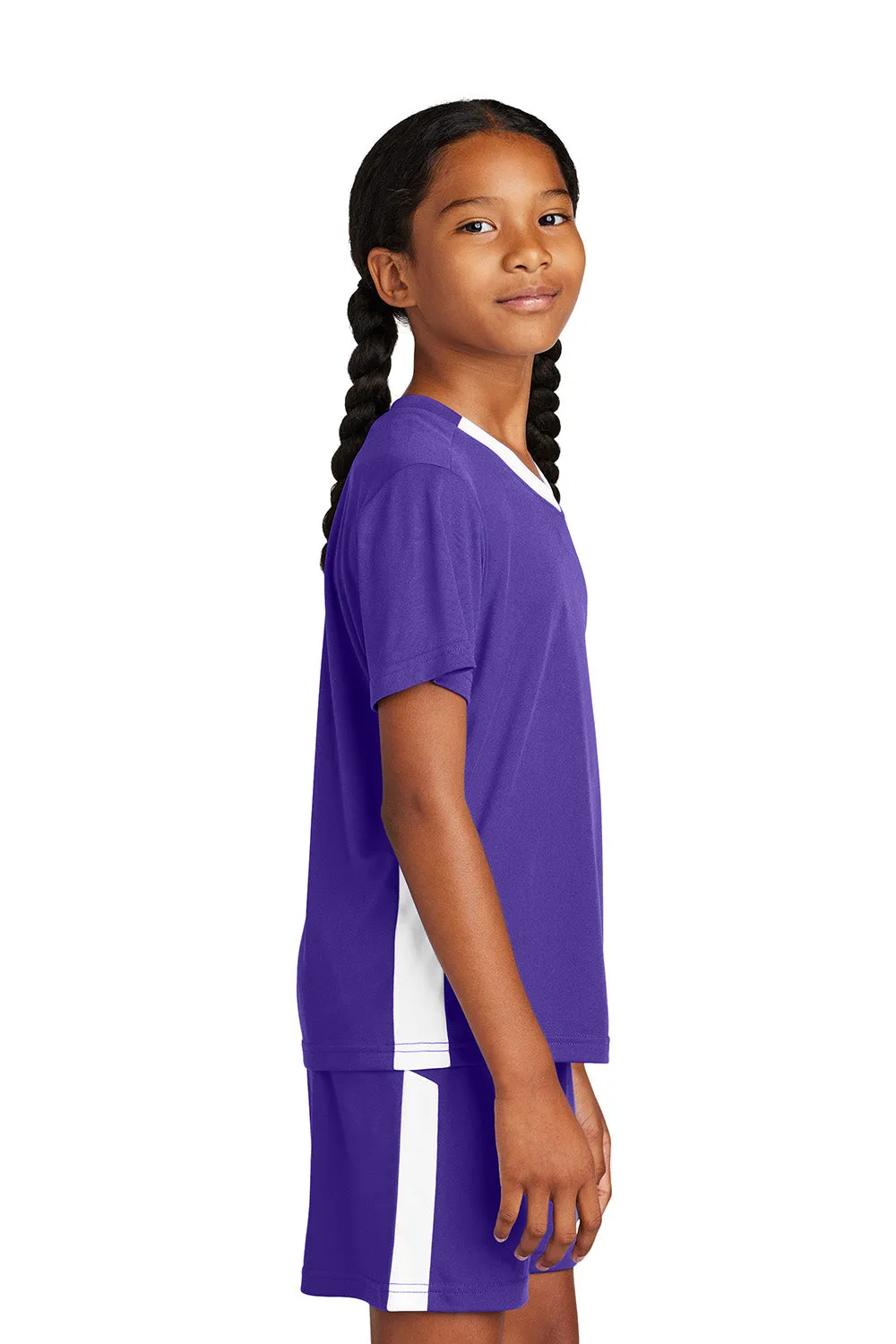 Sport-Tek Youth Moisture Wicking Competitor United Short Sleeve V-Neck T-Shirt - Purple/White Clothing Sport-Tek