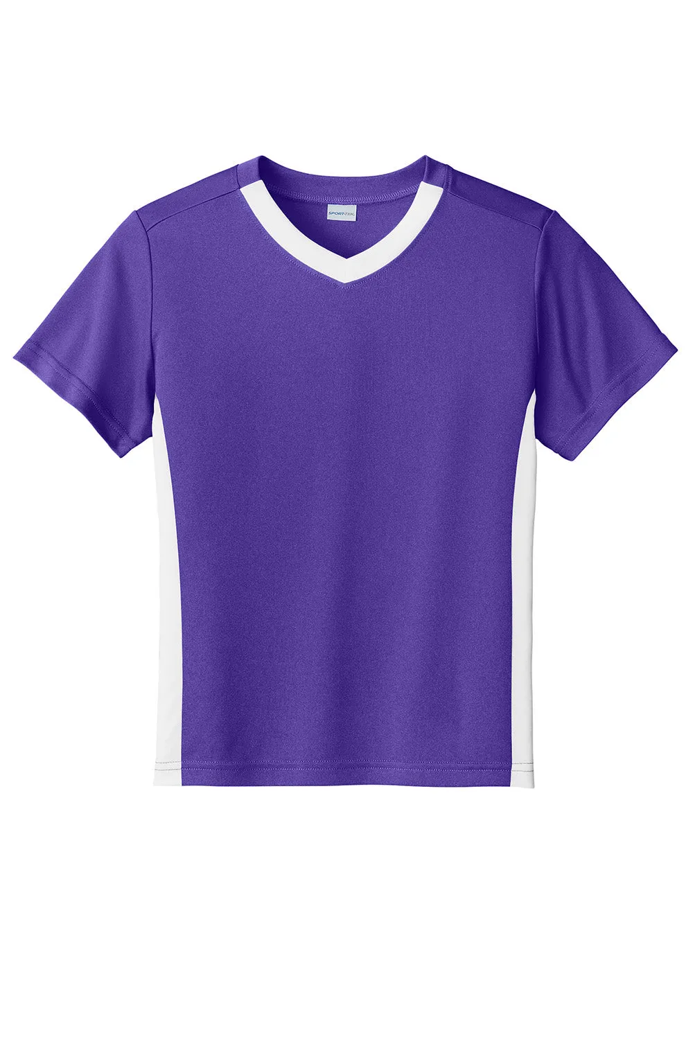 Sport-Tek Youth Moisture Wicking Competitor United Short Sleeve V-Neck T-Shirt - Purple/White Clothing Sport-Tek