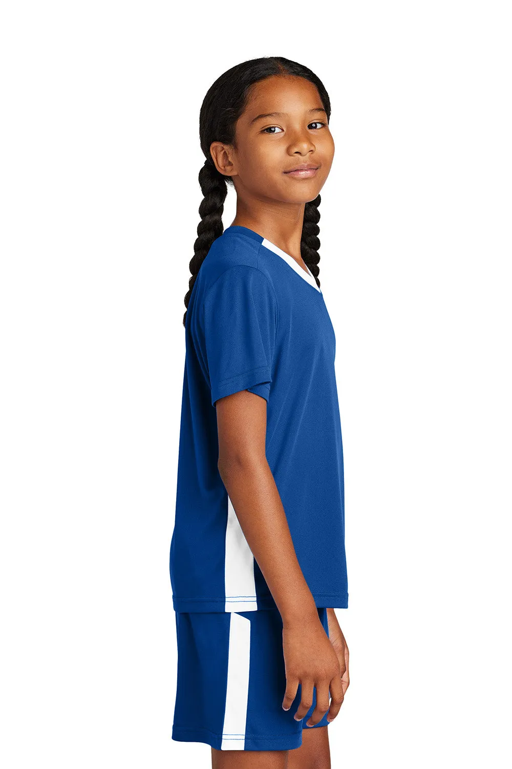 Sport-Tek Youth Moisture Wicking Competitor United Short Sleeve V-Neck T-Shirt - True Royal Blue/White Clothing Sport-Tek