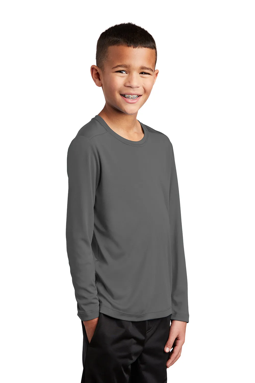 Sport-Tek Youth Moisture Wicking Long Sleeve Crewneck T-Shirt - Dark Smoke Grey Clothing Sport-Tek