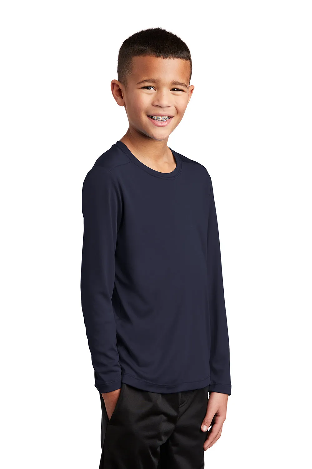 Sport-Tek Youth Moisture Wicking Long Sleeve Crewneck T-Shirt - True Navy Blue Clothing Sport-Tek