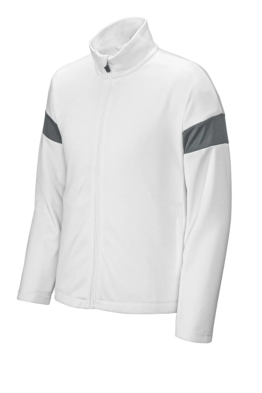 Sport-Tek Youth Moisture Wicking Travel Full Zip Jacket - White/Iron Grey