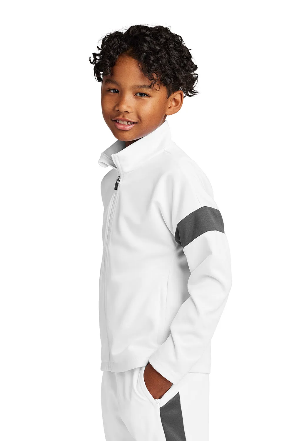 Sport-Tek Youth Moisture Wicking Travel Full Zip Jacket - White/Iron Grey