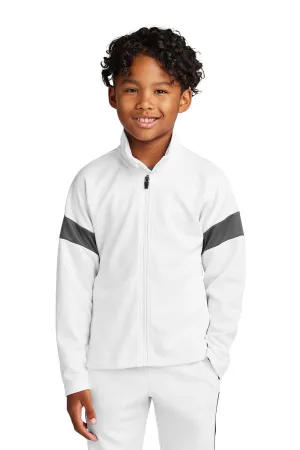Sport-Tek Youth Moisture Wicking Travel Full Zip Jacket - White/Iron Grey