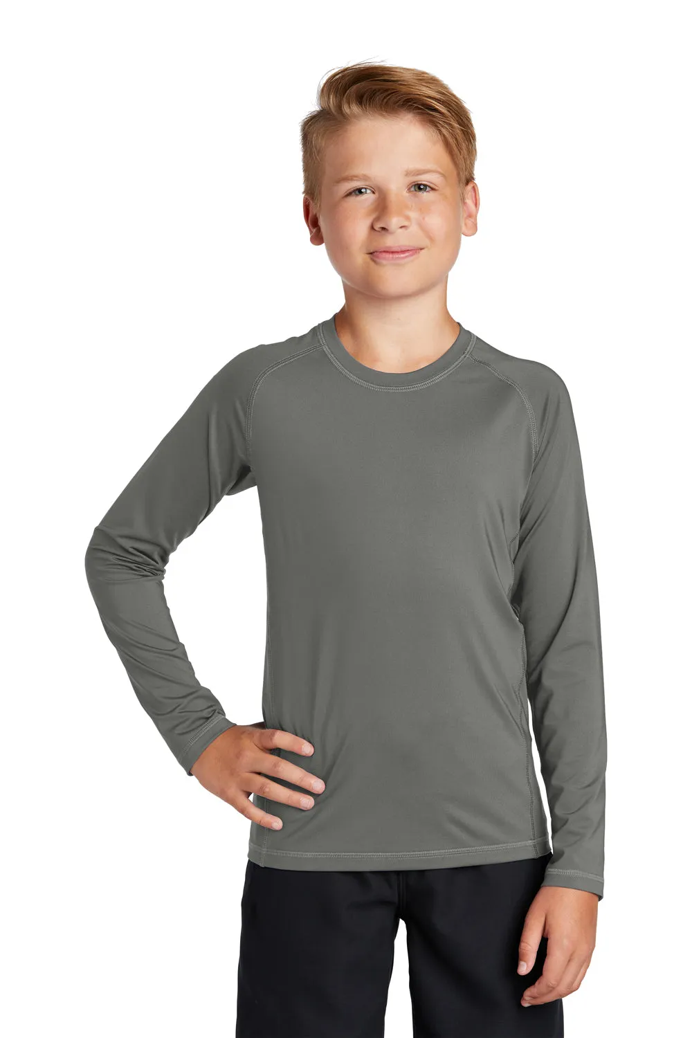 Sport-Tek Youth Rashguard Moisture Wicking Long Sleeve Crewneck T-Shirt - Dark Smoke Grey Clothing Sport-Tek