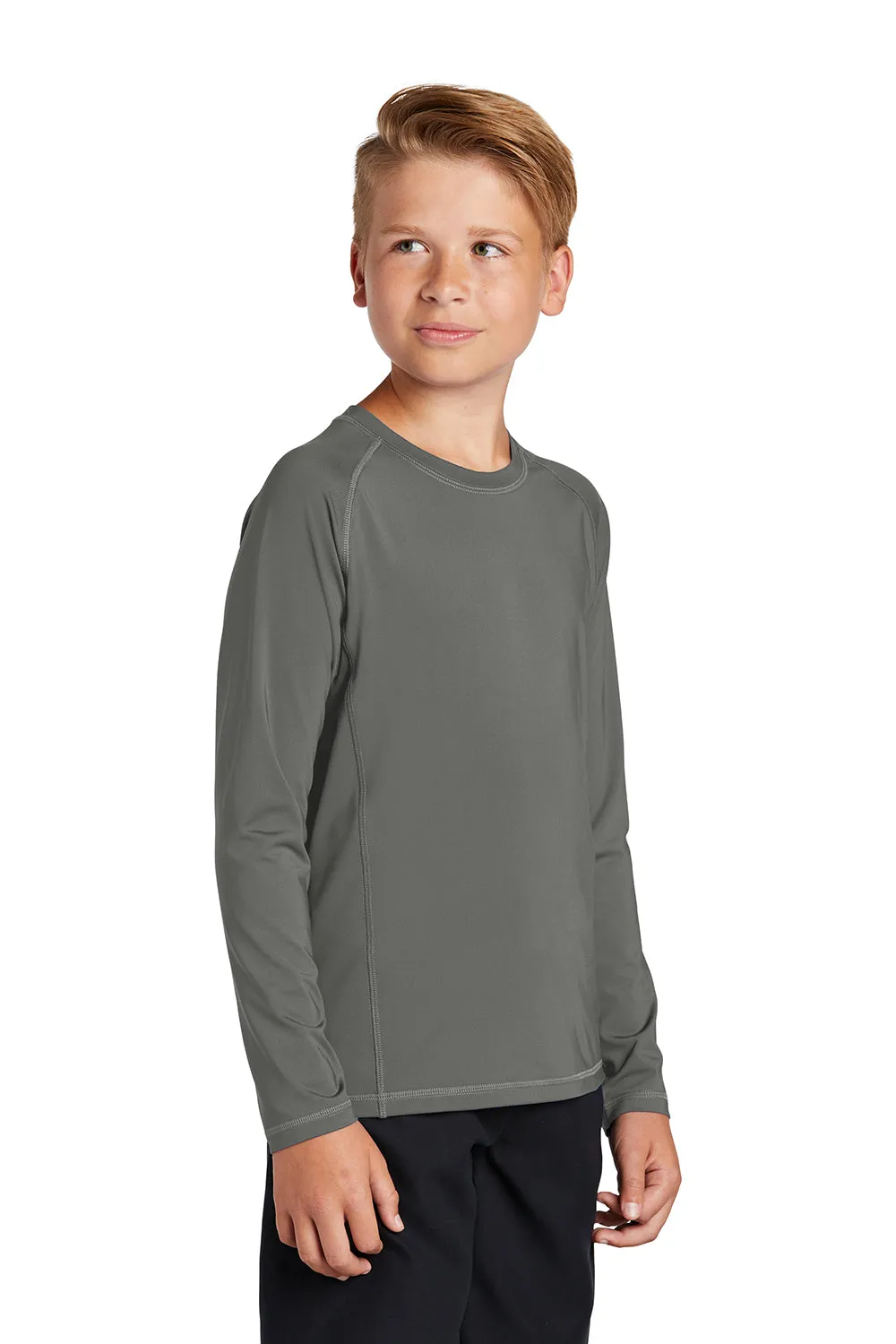 Sport-Tek Youth Rashguard Moisture Wicking Long Sleeve Crewneck T-Shirt - Dark Smoke Grey Clothing Sport-Tek