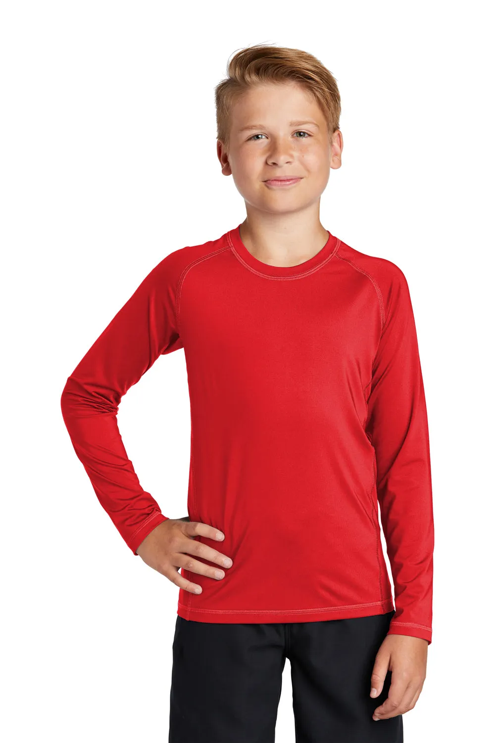 Sport-Tek Youth Rashguard Moisture Wicking Long Sleeve Crewneck T-Shirt - True Red - Closeout Clothing Sport-Tek