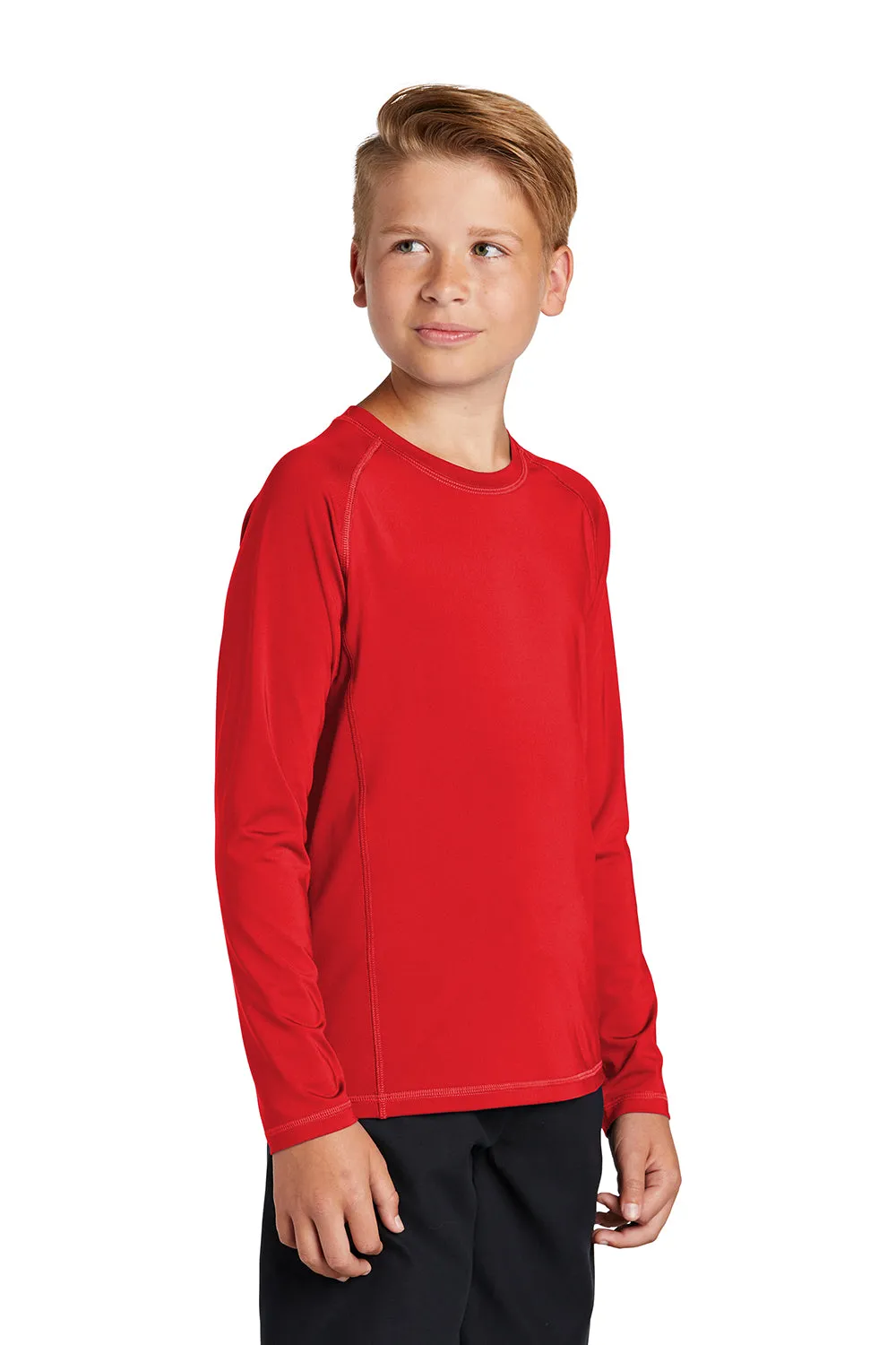 Sport-Tek Youth Rashguard Moisture Wicking Long Sleeve Crewneck T-Shirt - True Red - Closeout Clothing Sport-Tek