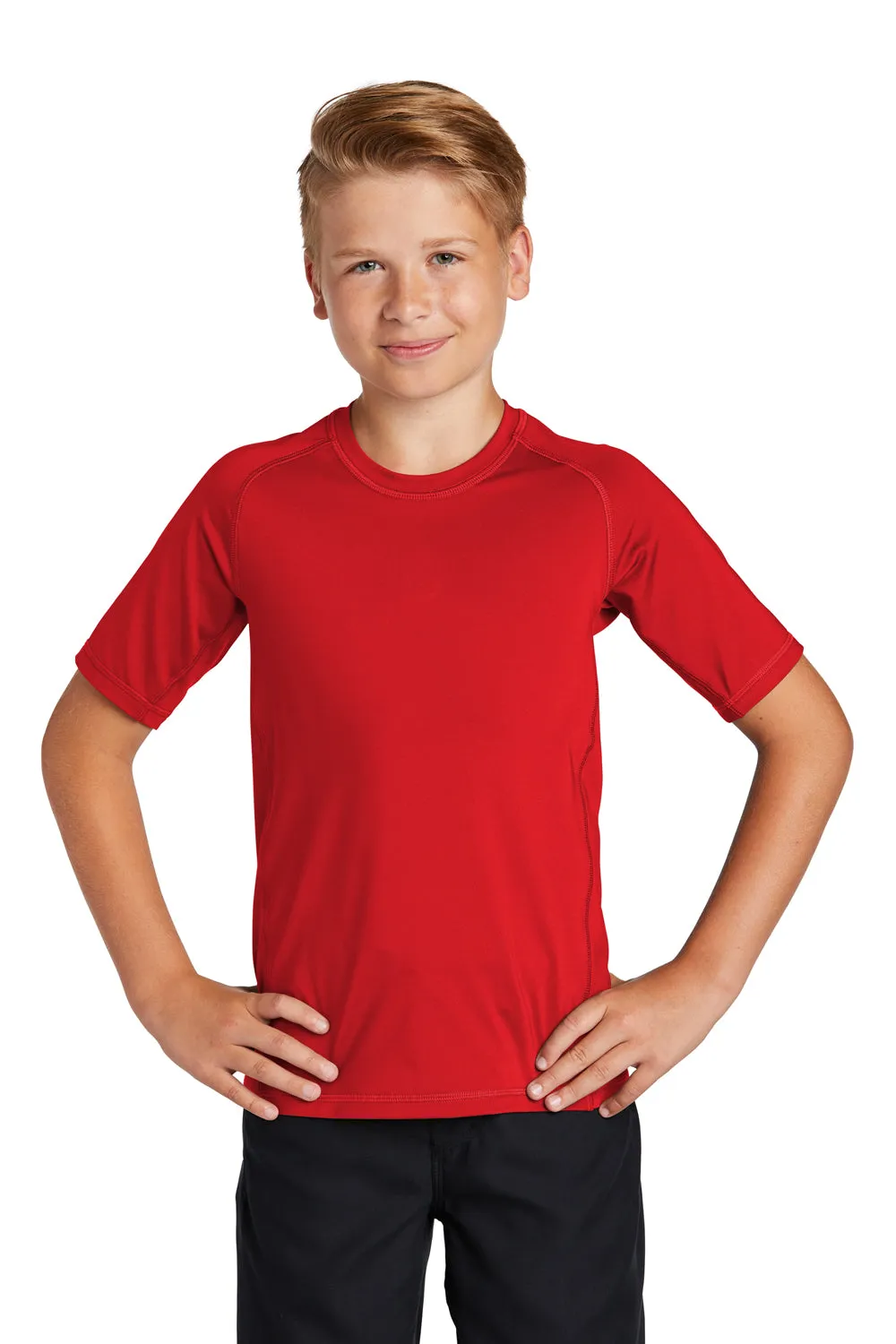 Sport-Tek Youth Rashguard Moisture Wicking Short Sleeve Crewneck T-Shirt - True Red Clothing Sport-Tek