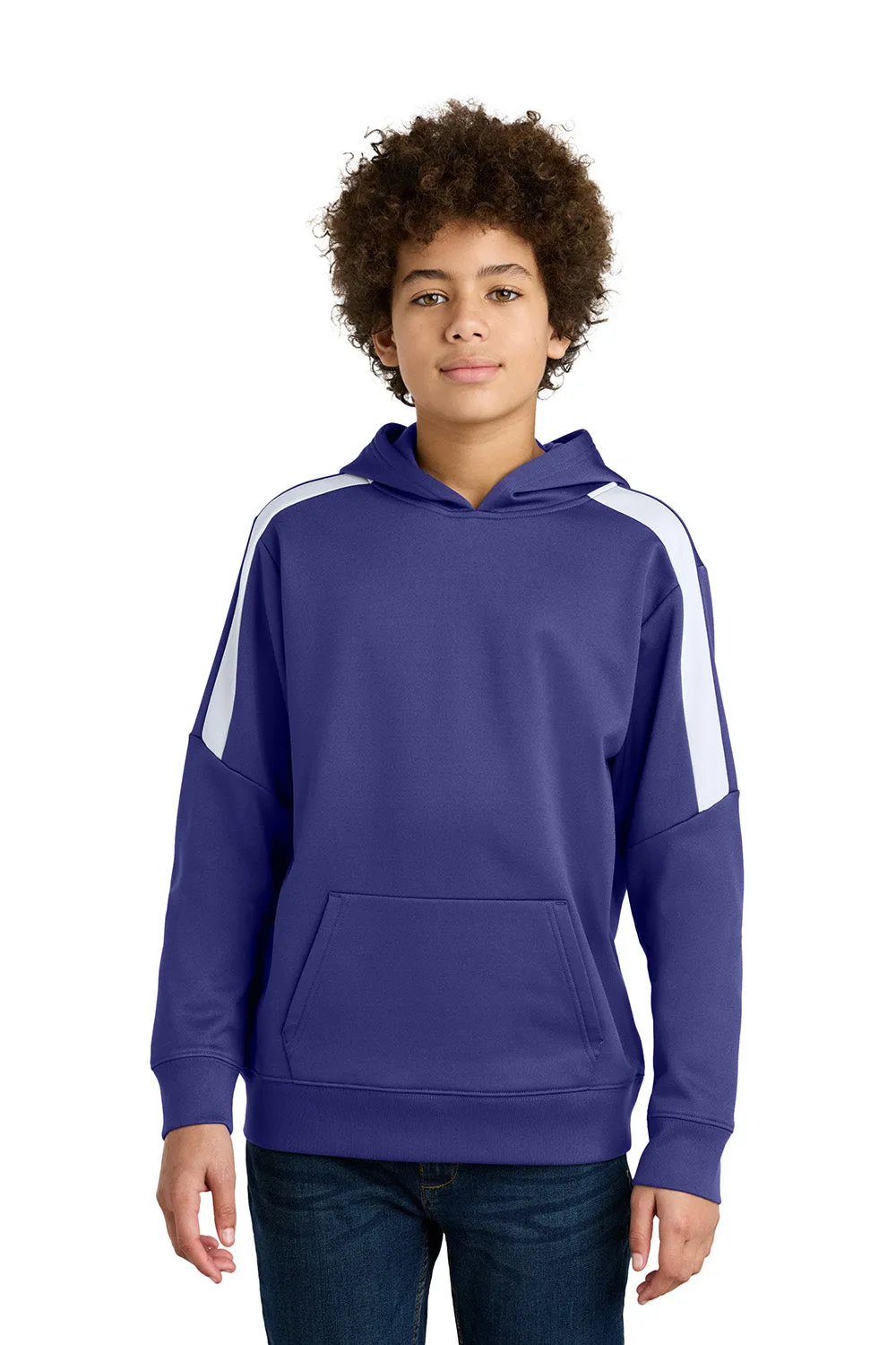 Sport-Tek Youth Sport-Wick Moisture Wicking United Fleece Hooded Sweatshirt Hoodie w/ Pouch Pocket - Purple/White Clothing Sport-Tek