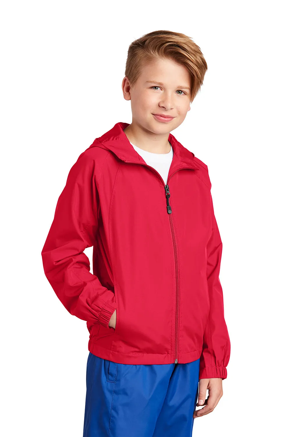 Sport-Tek Youth Water Resistant Full Zip Hooded Jacket - True Red - Closeout