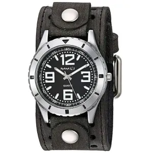 Sporty Racing Black Watch with Stitched Perforated Distressed Black Leather Cuff 