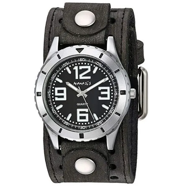 Sporty Racing Black Watch with Stitched Perforated Distressed Black Leather Cuff 