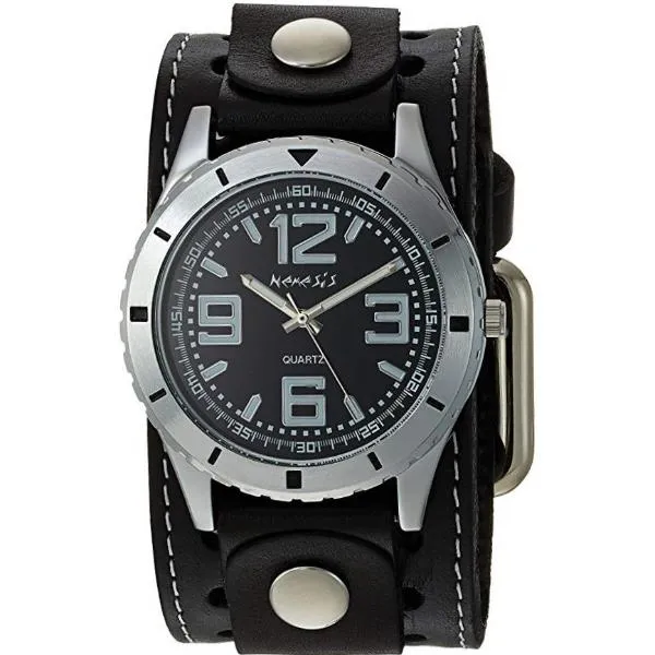 Sporty Racing Black Watch with White Stitched Black Leather Cuff 