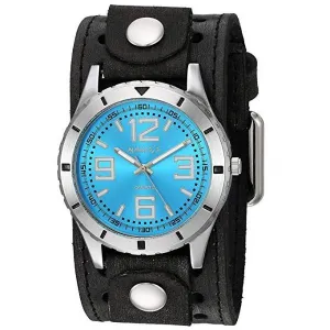 Sporty Racing Blue Watch with Stitched Perforated Distressed Black Leather Cuff 