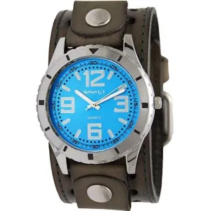 Sporty Racing Blue Watch with Stitched Perforated Distressed Olive Leather Cuff 