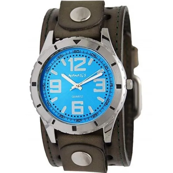 Sporty Racing Blue Watch with Stitched Perforated Distressed Olive Leather Cuff 