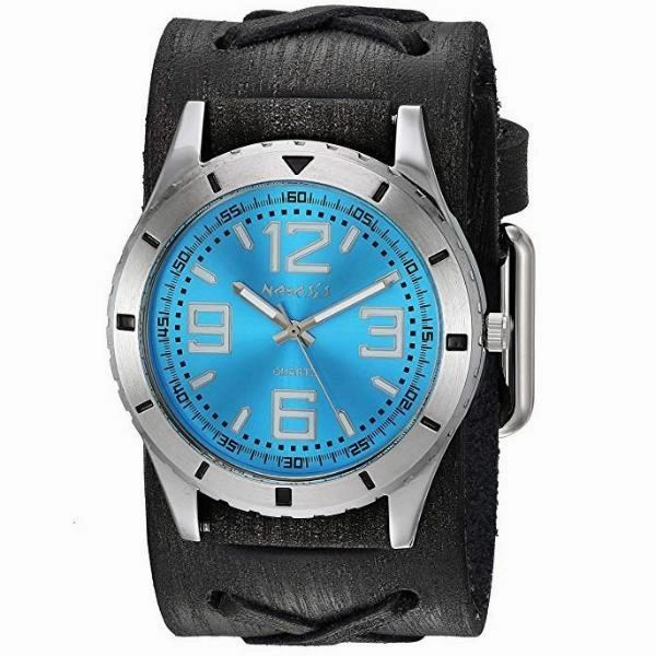 Sporty Racing Blue Watch with X Distressed Black Leather Cuff 