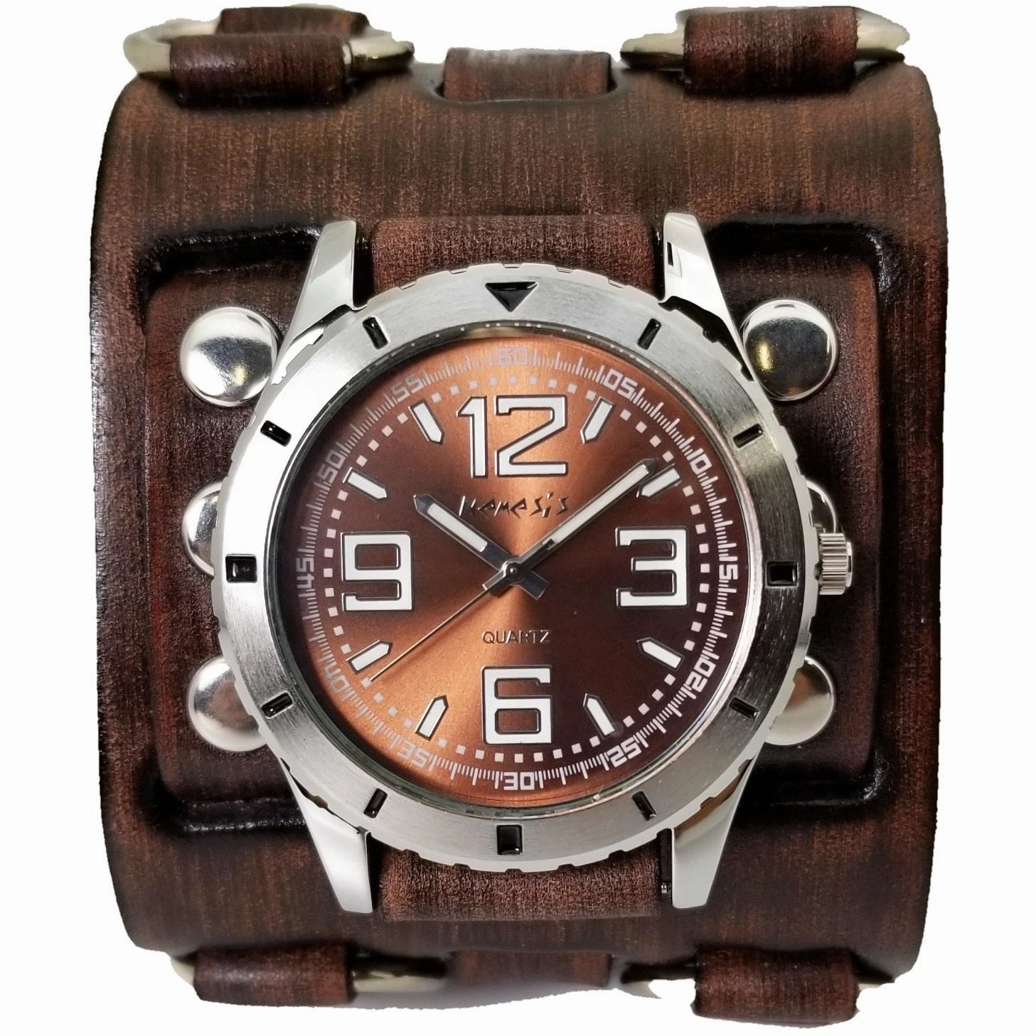 Sporty Racing Brown Watch with Bullet Ring Distressed Brown Leather Triple Strap Cuff 