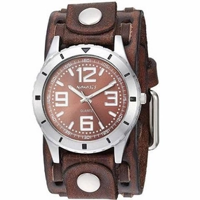 Sporty Racing Brown Watch with Perforated Dash Brown Leather Cuff Band 