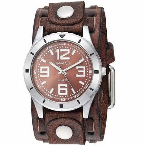 Sporty Racing Brown Watch with Perforated Dash Brown Leather Cuff Band 