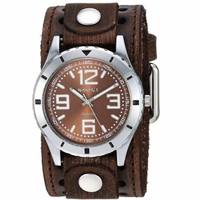 Sporty Racing Brown Watch with Stitched Perforated Distressed Brown Leather Cuff 