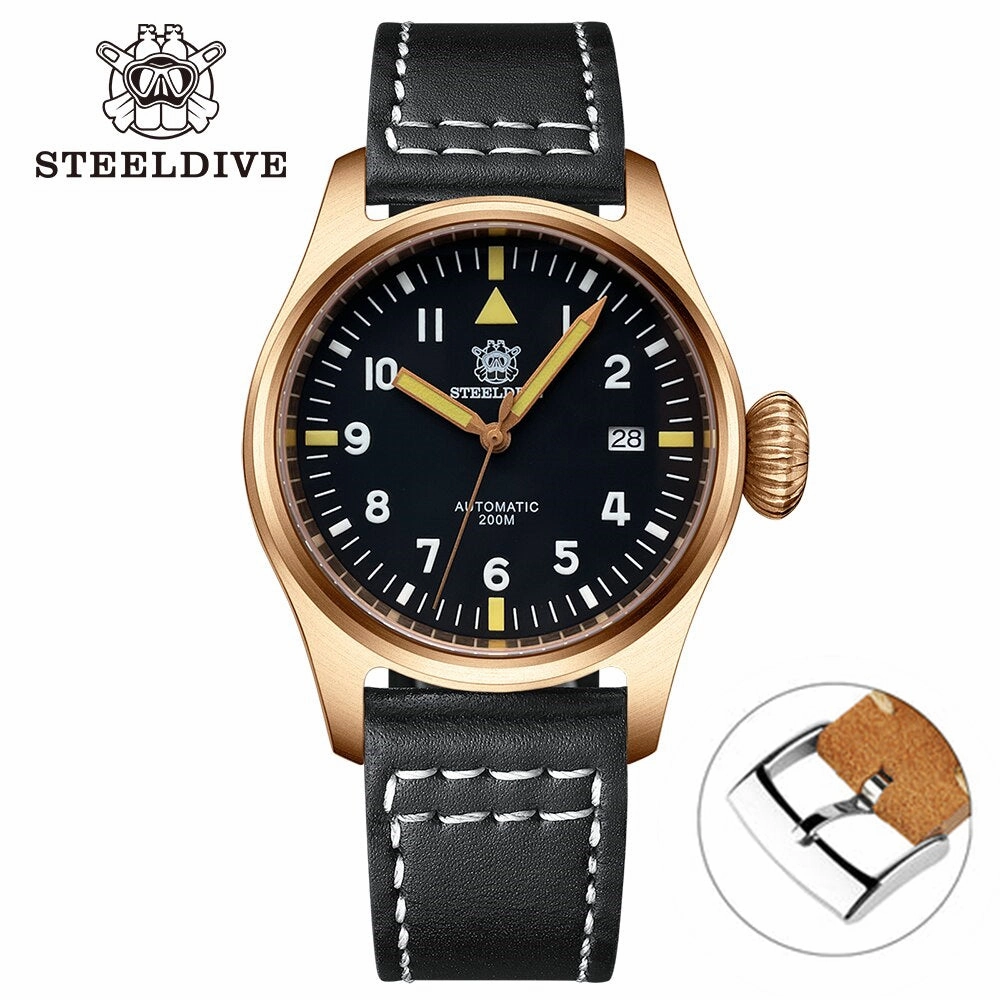 Steeldive SD1928S Bronze Pilot Watch - Onion Crown