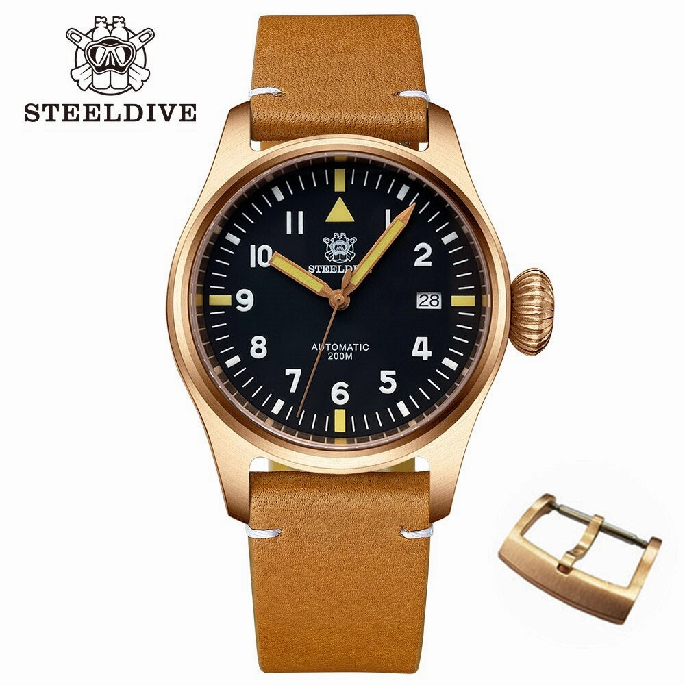 Steeldive SD1928S Bronze Pilot Watch - Onion Crown