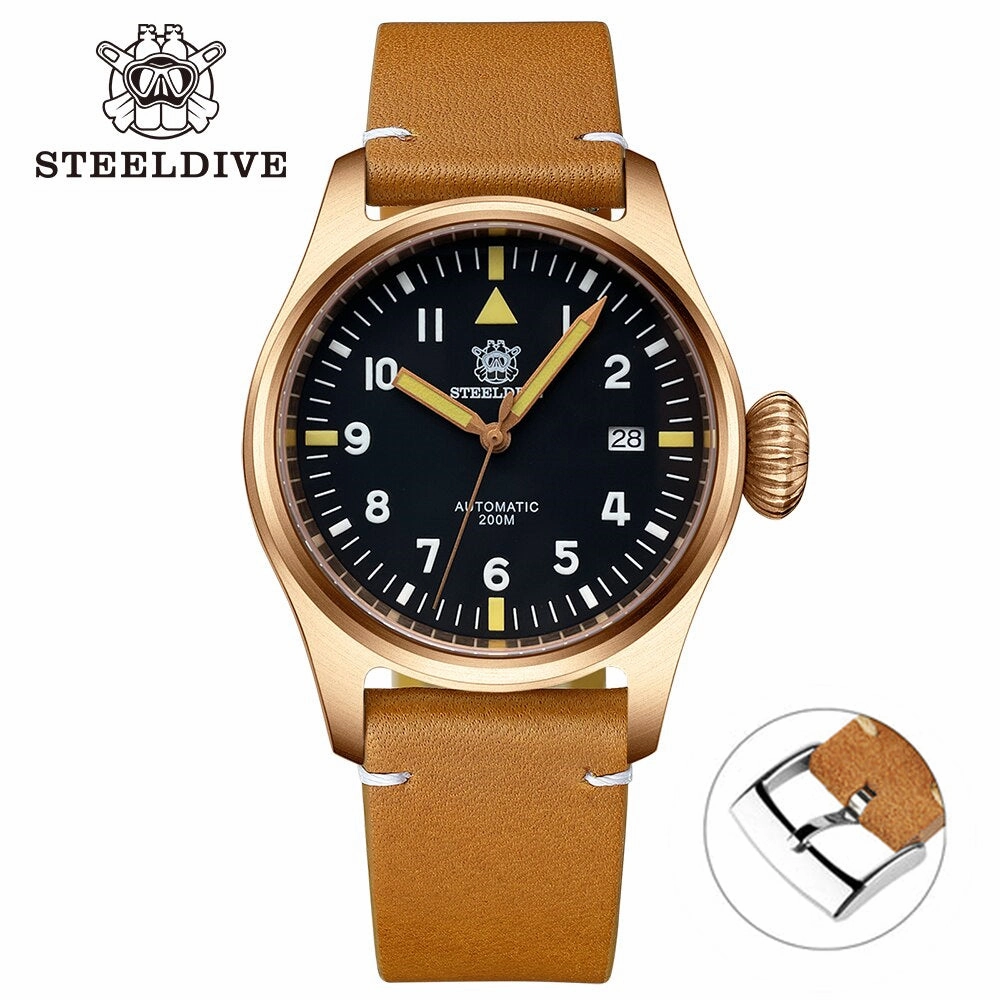 Steeldive SD1928S Bronze Pilot Watch - Onion Crown