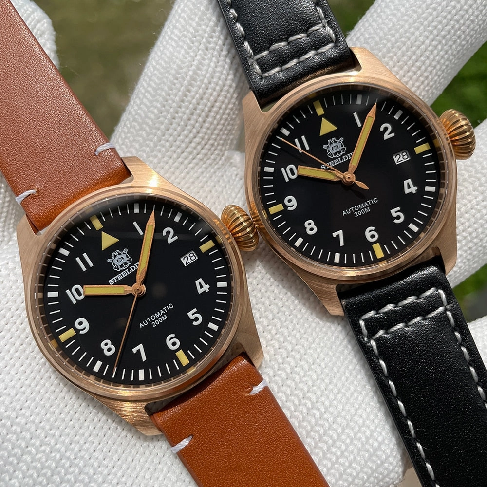 Steeldive SD1928S Bronze Pilot Watch - Onion Crown