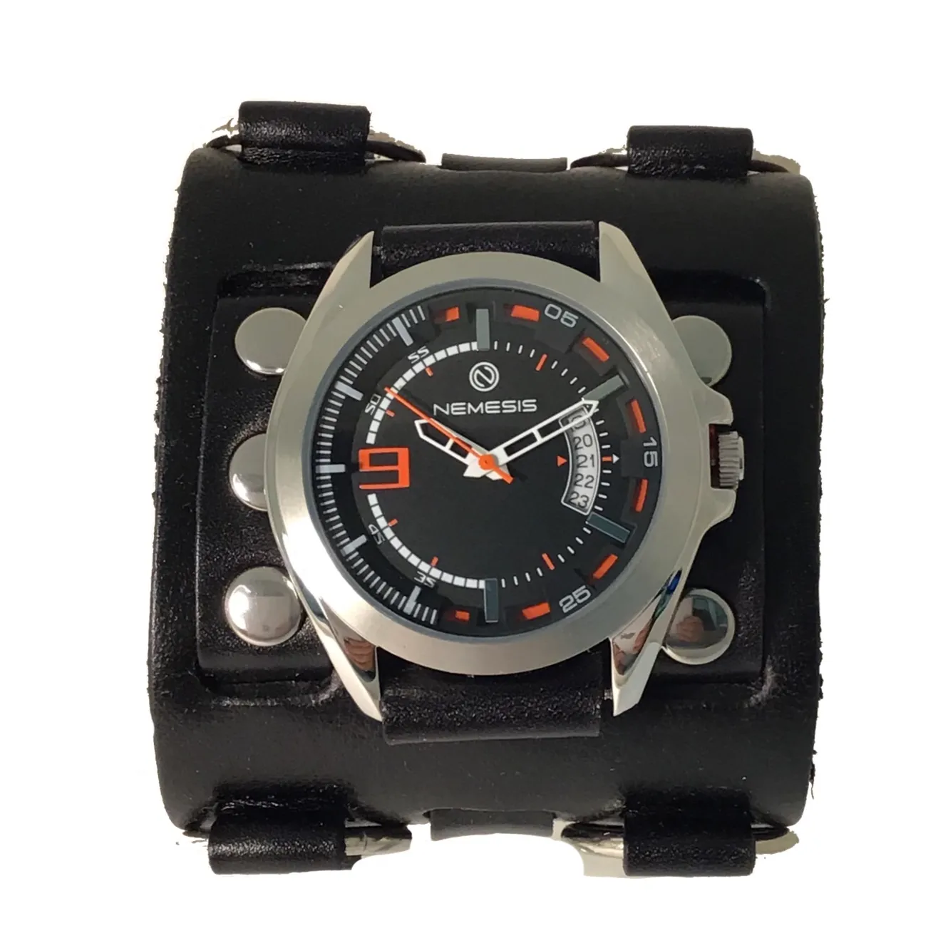 Sully Black/Orange Watch with Bullet Ring Black Leather Triple Strap Cuff 