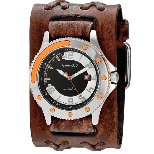Sully Black/Orange/White Watch with Double X Distressed Brown Leather Cuff 