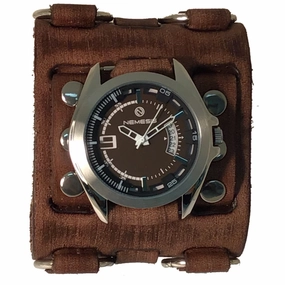 Sully Brown/White Watch with Bullet Ring Distressed Brown Leather Triple Strap Cuff 