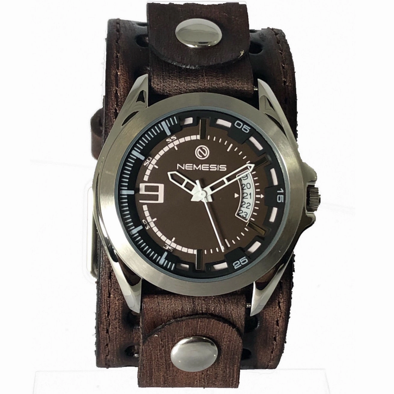 Sully Brown/White Watch with Stitched Dark Brown Leather Cuff 