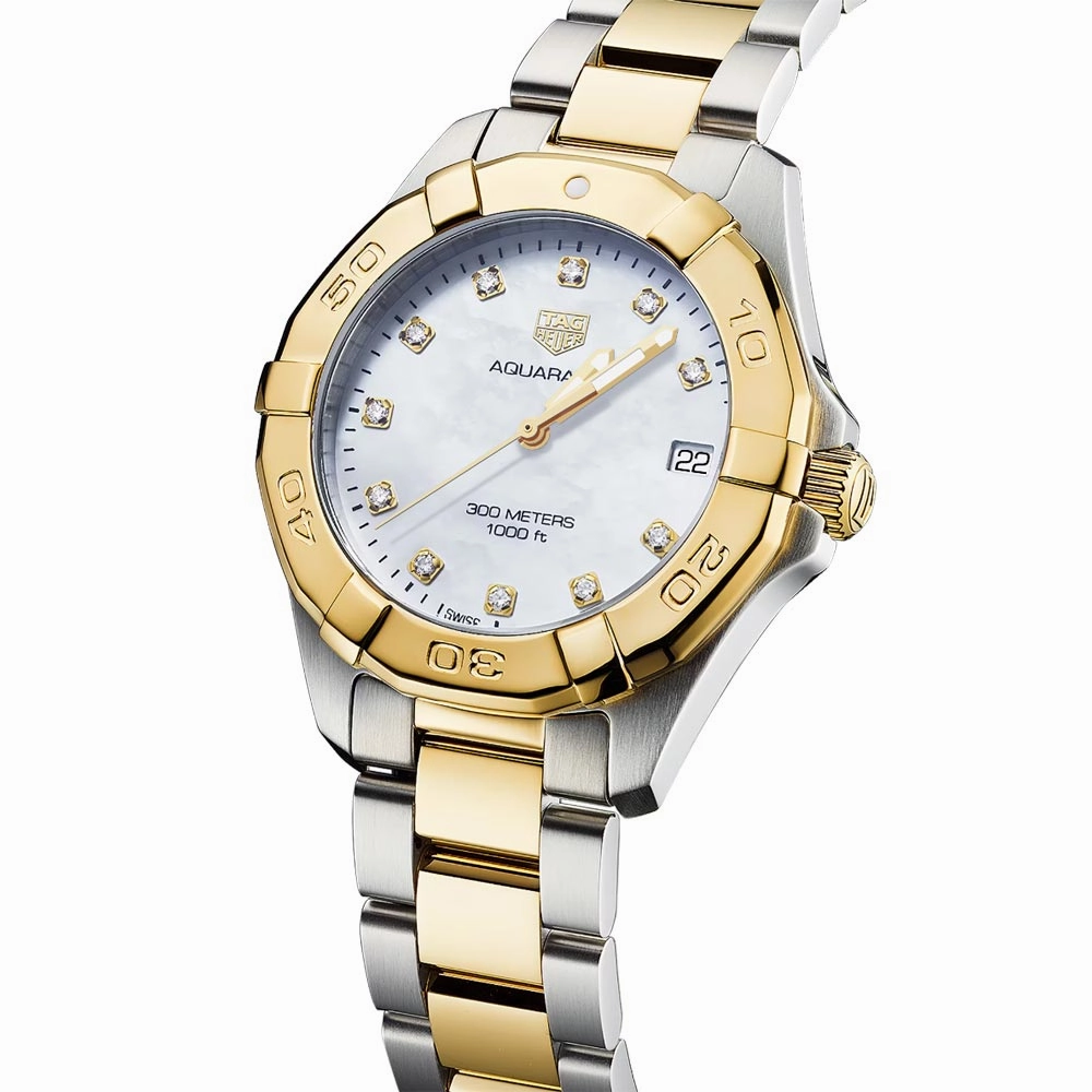 TAG Heuer Aquaracer 32mm MOP Dial 18ct Gold Plated Steel Diamond Quartz Ladies Watch WBD1322.BB0320
