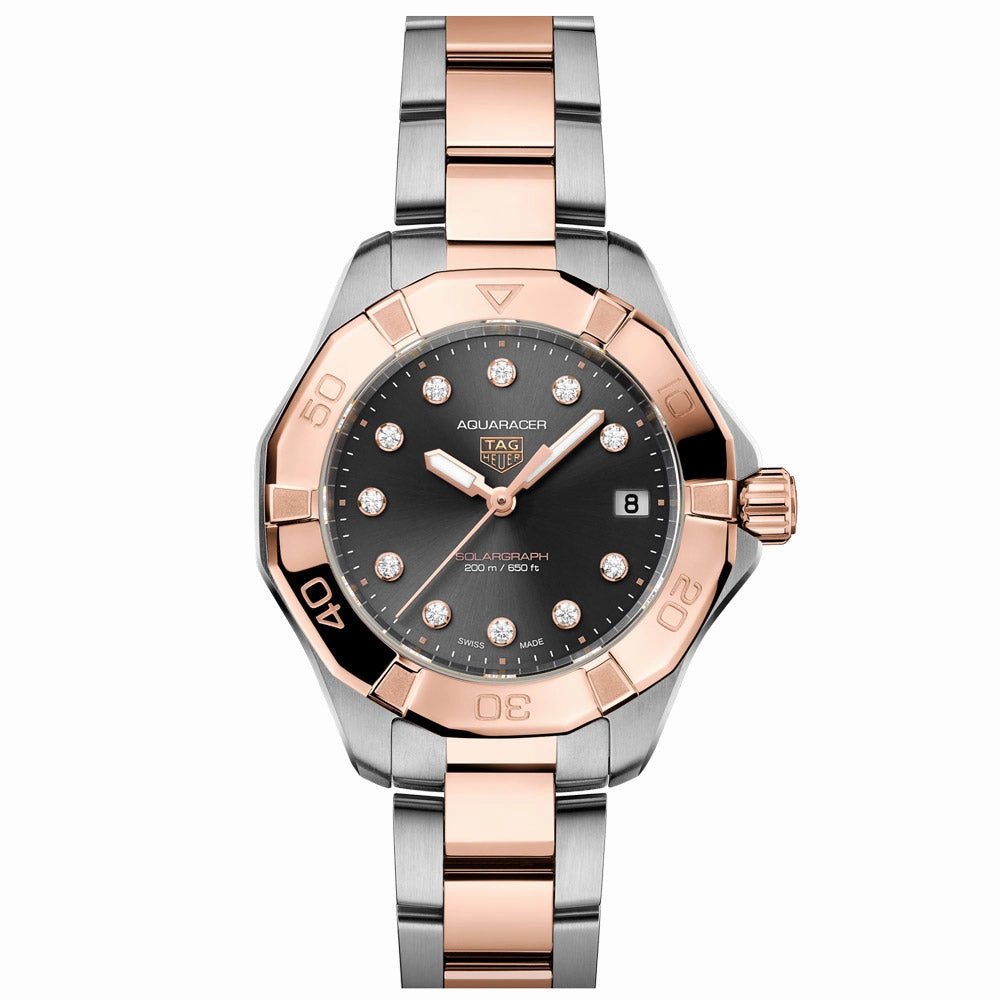 TAG Heuer Aquaracer Professional 200 Solargraph 34mm Black Diamond Dot Dial 18ct Rose Gold Plated Steel Quartz Ladies Watch WBP1324.BB0005