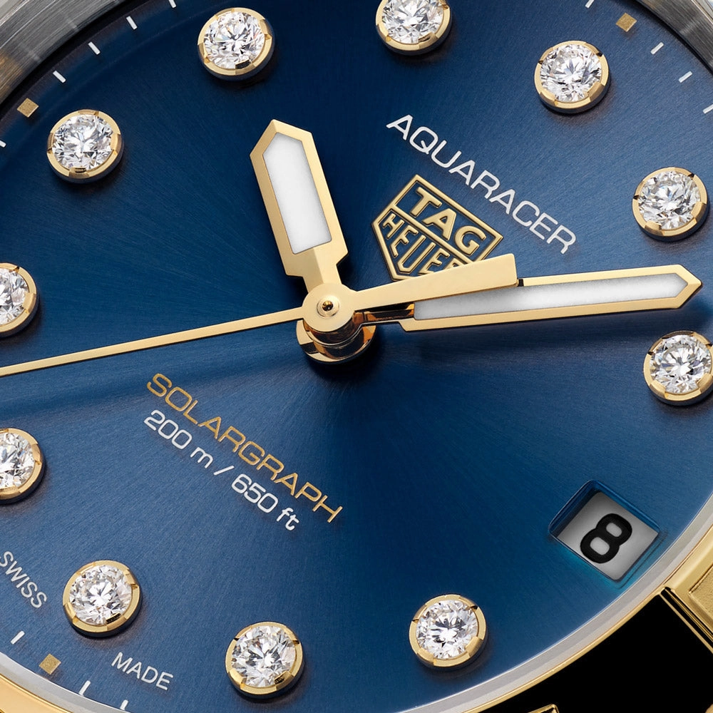 TAG Heuer Aquaracer Professional 200 Solargraph 34mm Blue Diamond Dot Dial 18ct Gold Plated Steel Quartz Ladies Watch WBP1323.BB0004