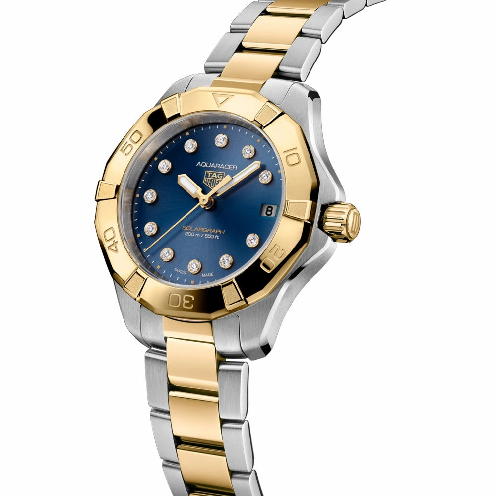 TAG Heuer Aquaracer Professional 200 Solargraph 34mm Blue Diamond Dot Dial 18ct Gold Plated Steel Quartz Ladies Watch WBP1323.BB0004
