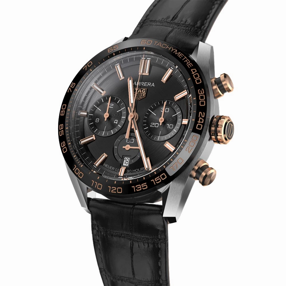 TAG Heuer Carrera 44mm Black Dial 18ct Rose Gold & Steel Automatic Chronograph Gents Watch CBN2A5A.FC6481