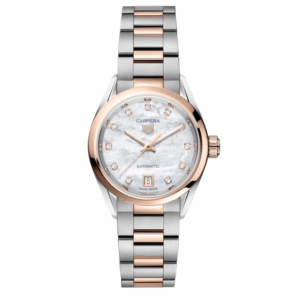 TAG Heuer Carrera Date 29mm MOP Dial 18ct Rose Gold Plated Steel Diamond Automatic Ladies Watch WBN2450.BD0569