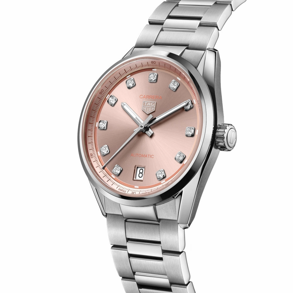 TAG Heuer Carrera Date 36mm Powdery Pink Diamond Dot Dial Ladies Automatic Watch WBN231D.BA0001