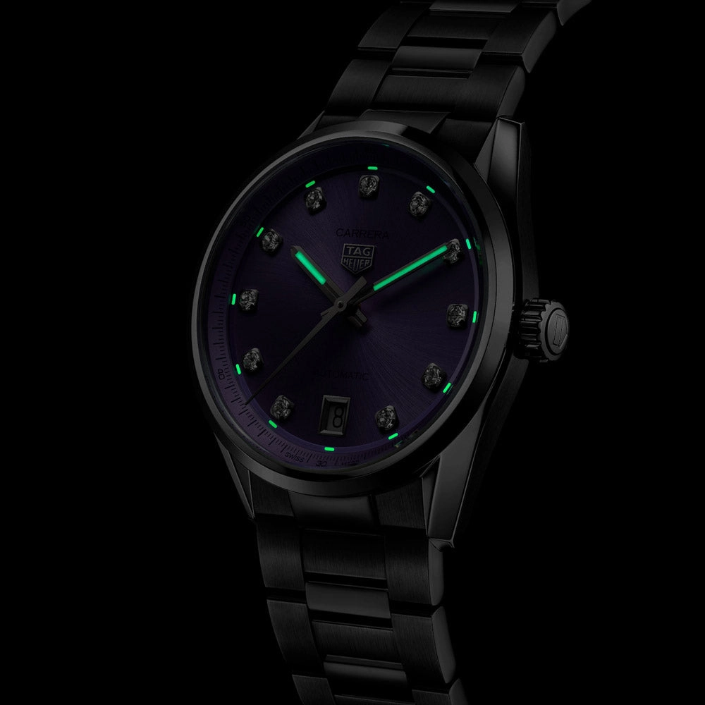 TAG Heuer Carrera Date 36mm Purple Diamond Dot Dial Ladies Automatic Watch WBN2319.BA0001