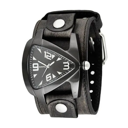 Teardrop Black Watch with Distressed Black Leather Cuff 